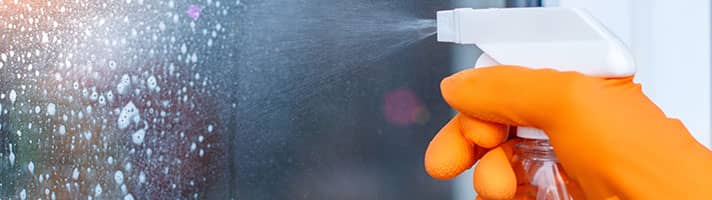 Hand spraying cleaning product onto a window.